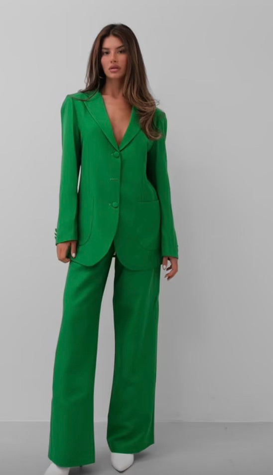 Waist Pleated Pant Blazer Jacket Suit - Green
